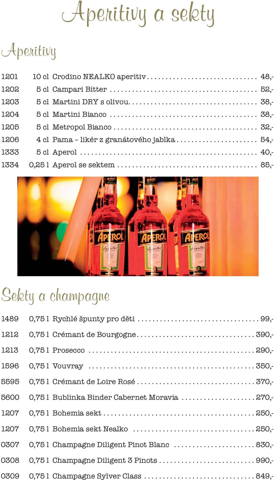 ..................... 54,- 1333 5 cl Aperol................................................ 40,- 1334 0,25 l Aperol se sektem...................................... 85,- Sekty a champagne 1489 0,75 l Rychlé špunty pro děti.