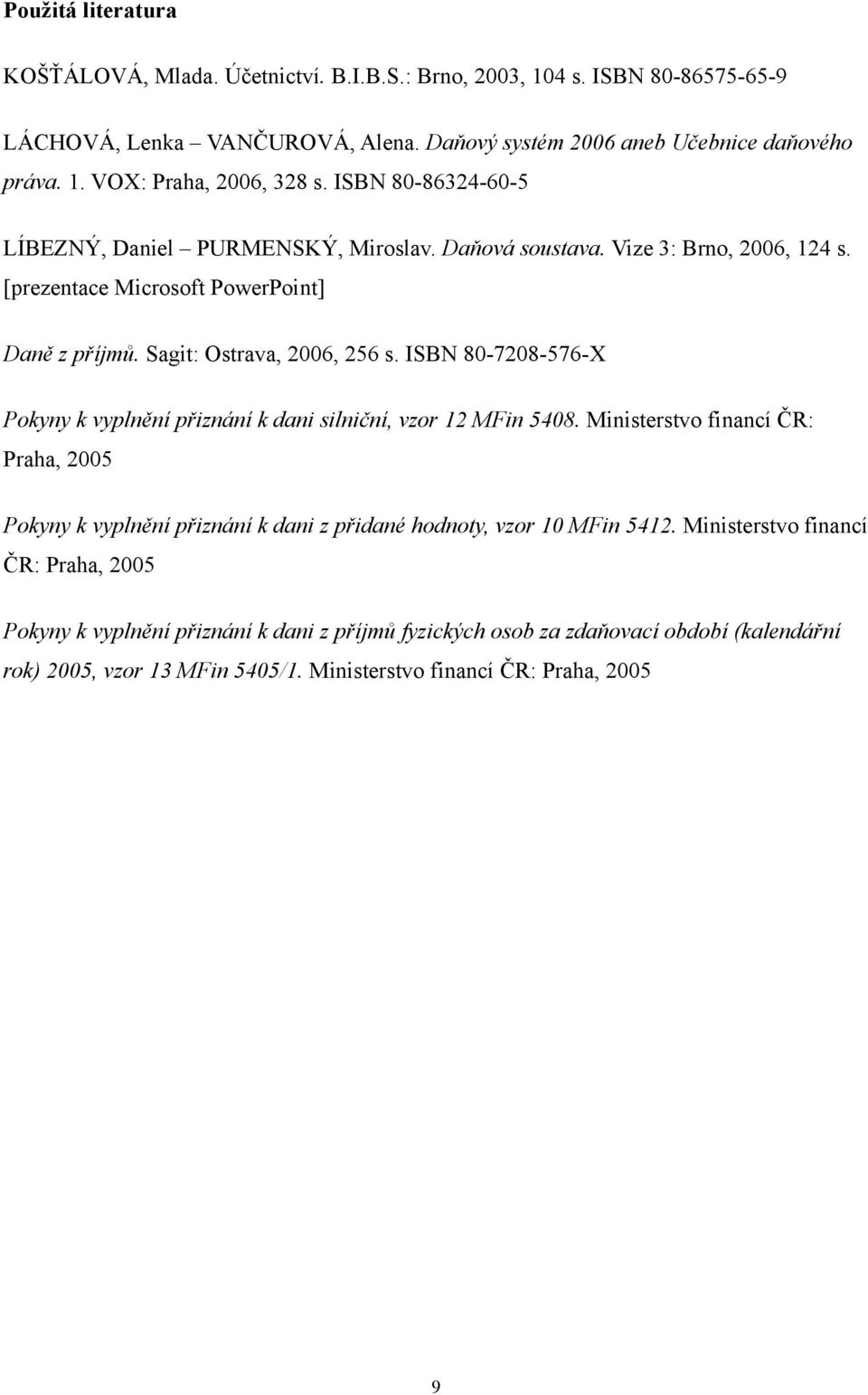 ISBN 80-7208-576-X Pokyny k vyplnění přiznání k dani silniční, vzor 12 MFin 5408. Ministerstvo financí ČR: Praha, 2005 Pokyny k vyplnění přiznání k dani z přidané hodnoty, vzor 10 MFin 5412.