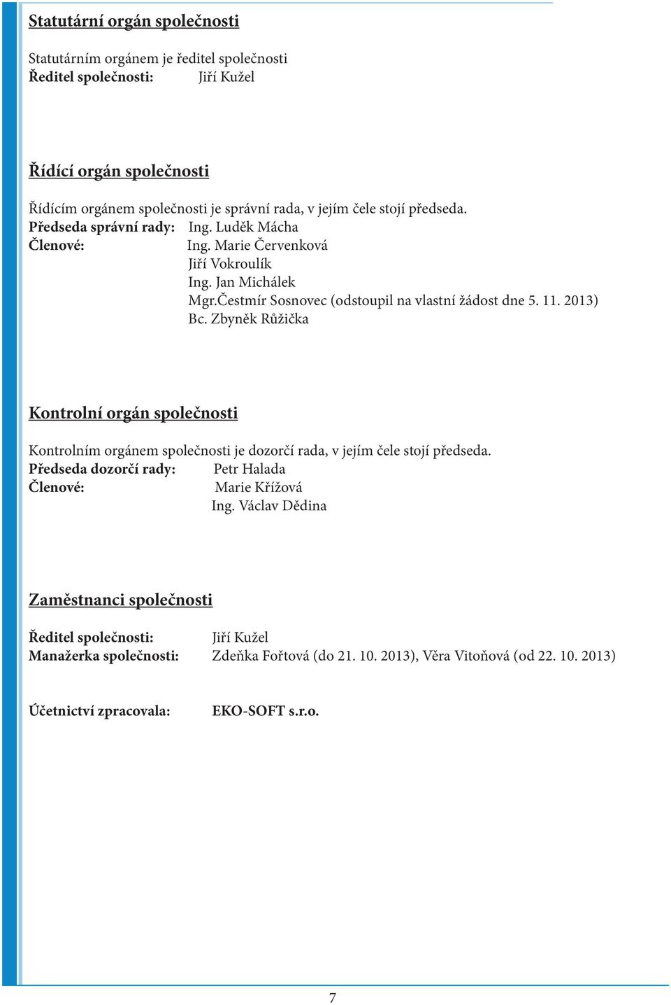 Zbyněk Růžička Kontrolní orgán společnosti Kontrolním orgánem společnosti je dozorčí rada, v jejím čele stojí předseda. Předseda dozorčí rady: Petr Halada Členové: Marie Křížová Ing.