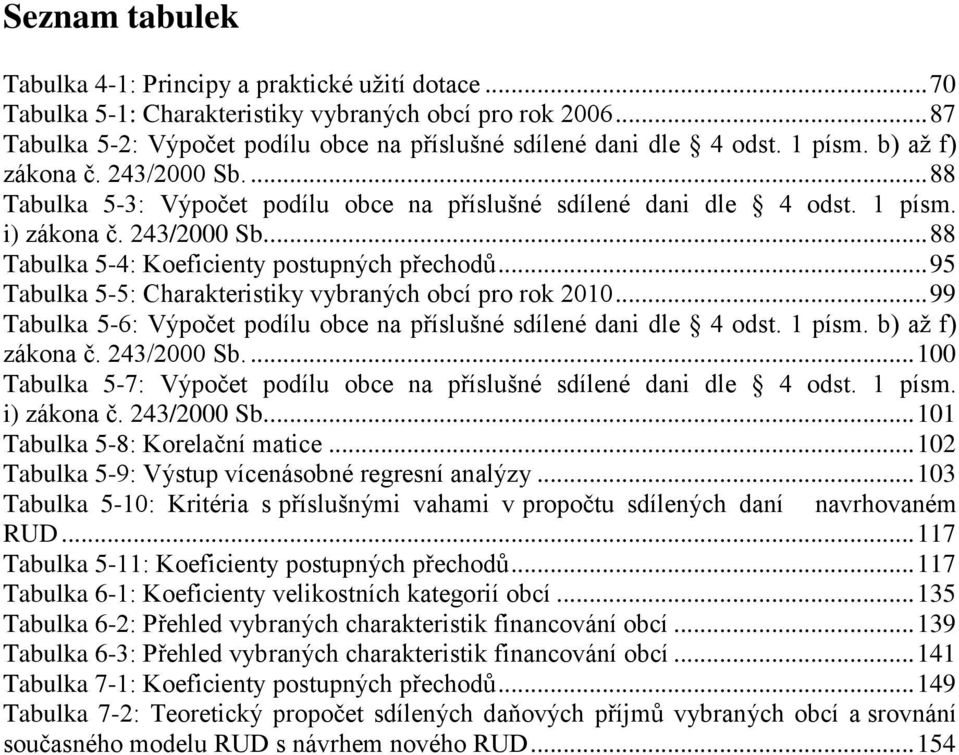 .. 95 Tabulka 5-5: Charakteristiky vybraných obcí pro rok 2010... 99 Tabulka 5-6: Výpočet podílu obce na příslušné sdílené dani dle 4 odst. 1 písm. b) až f) zákona č. 243/2000 Sb.