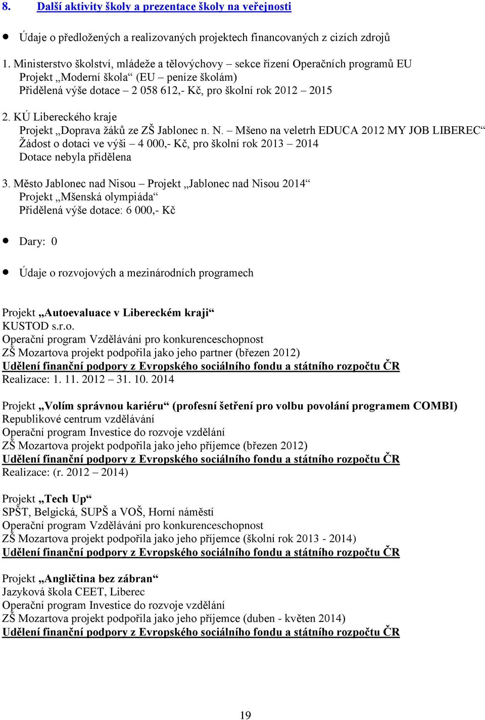 KÚ Libereckého kraje Projekt Doprava žáků ze ZŠ Jablonec n. N. Mšeno na veletrh EDUCA 2012 MY JOB LIBEREC Žádost o dotaci ve výši 4 000,- Kč, pro školní rok 2013 2014 Dotace nebyla přidělena 3.