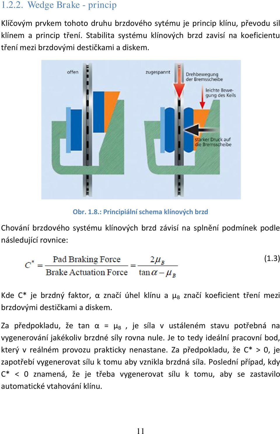 : Principiální schema klínových brzd Chování brzdového systému klínových brzd závisí na splnění podmínek podle následující rovnice: (1.