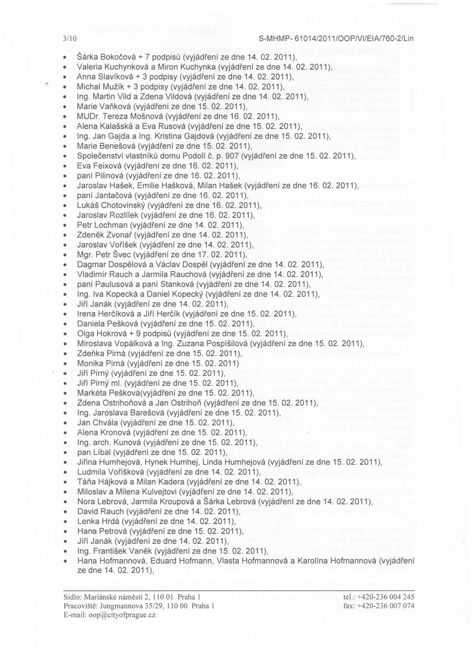 Tereza Mošnová (vyjádrení ze dne 16 02 2011), Alena Kalašská a Eva Rusová (vyjádrení ze dne 15 02 2011), Ing Jan Gajda a Ing Kristina Gajdová (vyjádrení ze dne 15 02 2011), Marie Benešová (vyjádrení