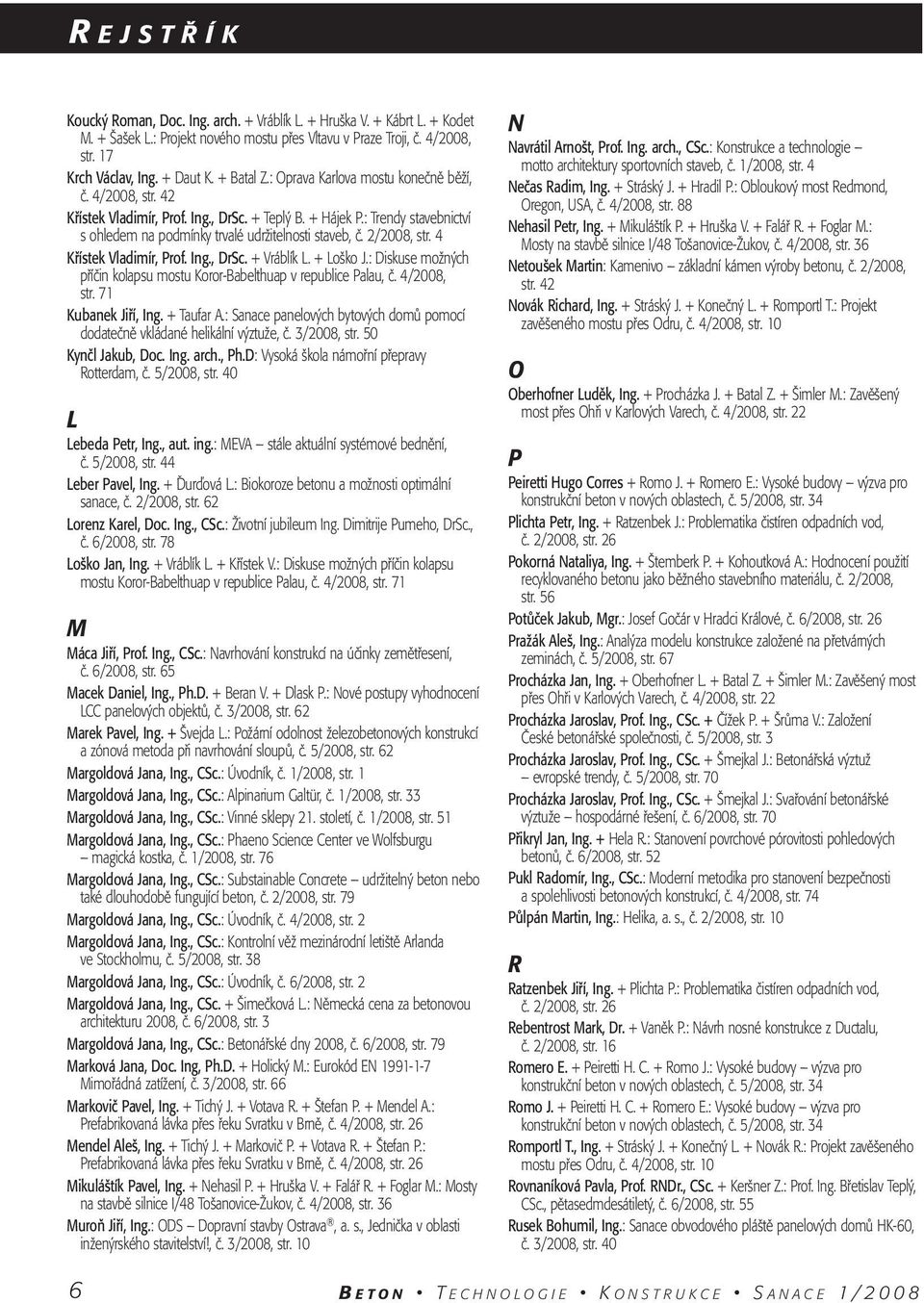 2/2008, str. 4 Křístek Vladimír, Prof. Ing., DrSc. + Vráblík L. + Loško J.: Diskuse možných příčin kolapsu mostu Koror-Babelthuap v republice Palau, č. 4/2008, str. 71 Kubanek Jiří, Ing. + Taufar A.