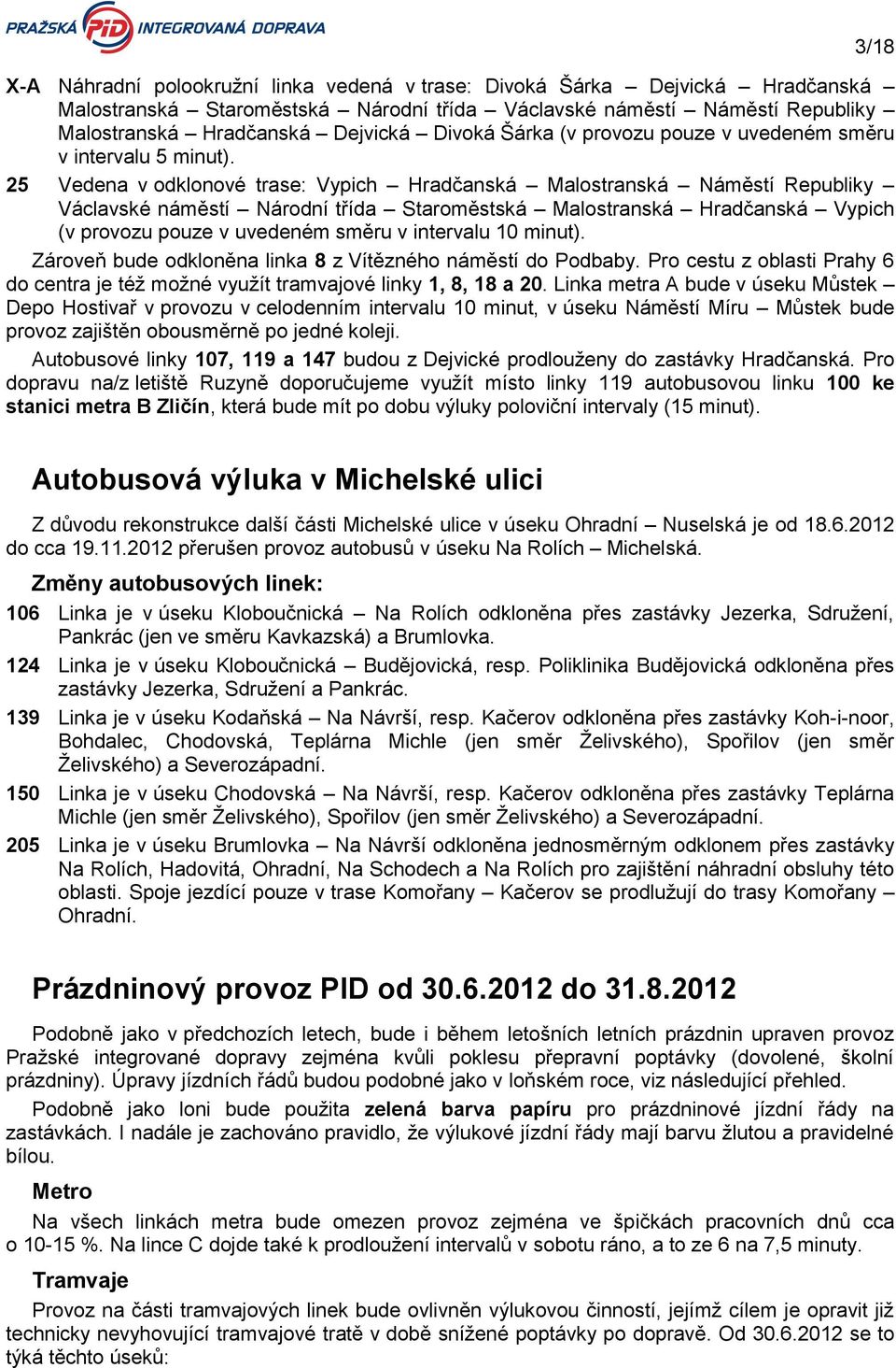 25 Vedena v odklonové trase: Vypich Hradčanská Malostranská Náměstí Republiky Václavské náměstí Národní třída Staroměstská Malostranská Hradčanská Vypich (v provozu pouze v uvedeném směru v intervalu