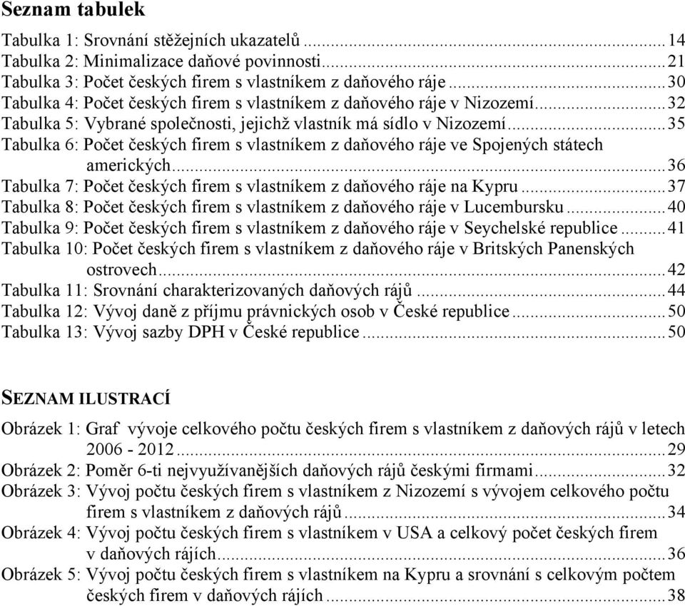 ..35 Tabulka 6: Počet českých firem s vlastníkem z daňového ráje ve Spojených státech amerických...36 Tabulka 7: Počet českých firem s vlastníkem z daňového ráje na Kypru.