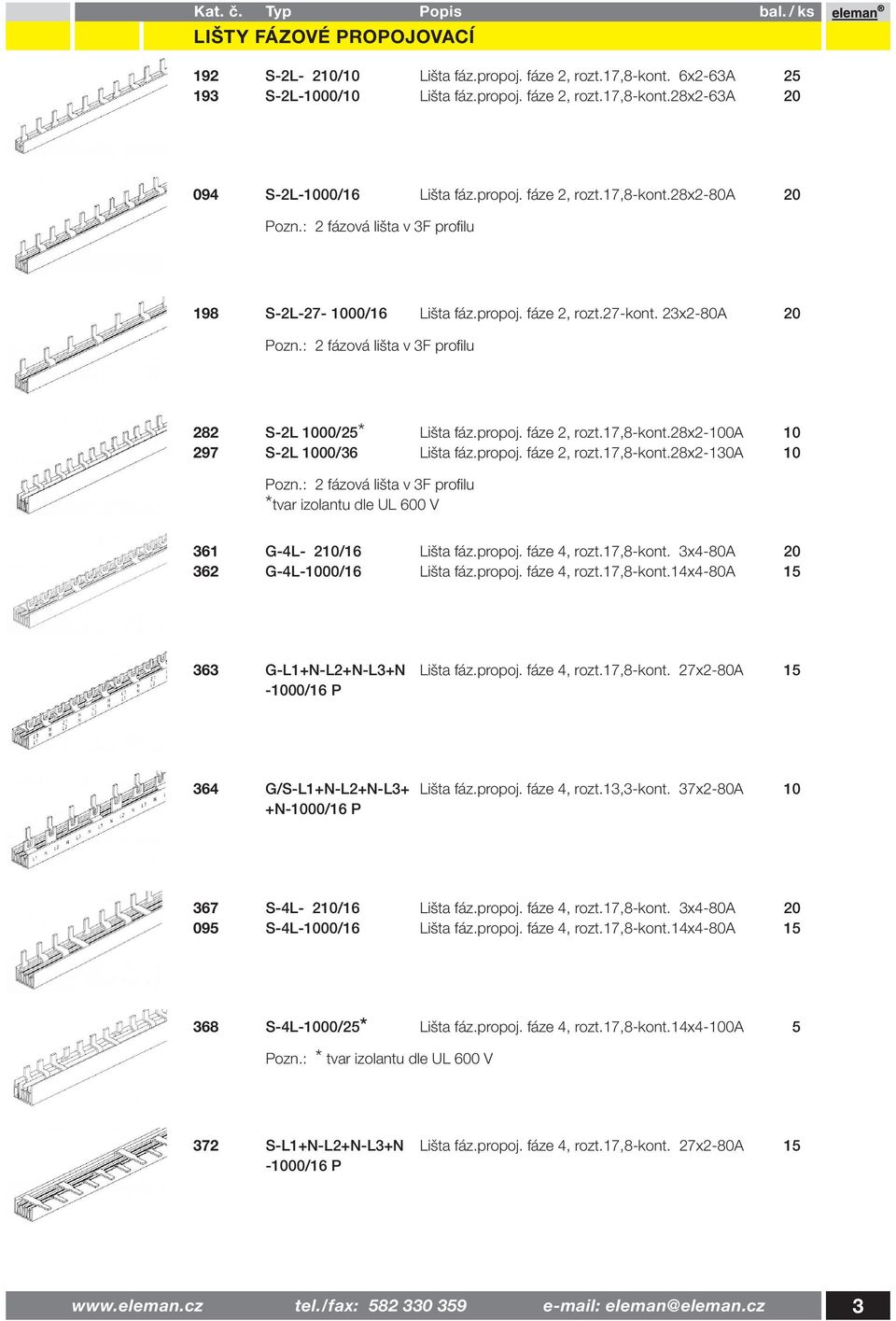 28x2-100a 10 297 S-2L 1000/36 Lišta fáz.propoj. fáze 2, rozt.17,8-kont.28x2-130a 10 Pozn.: 2 fázová lišta v 3F profi lu *tvar izolantu dle UL 600 V 361 G-4L- 210/16 Lišta fáz.propoj. fáze 4, rozt.