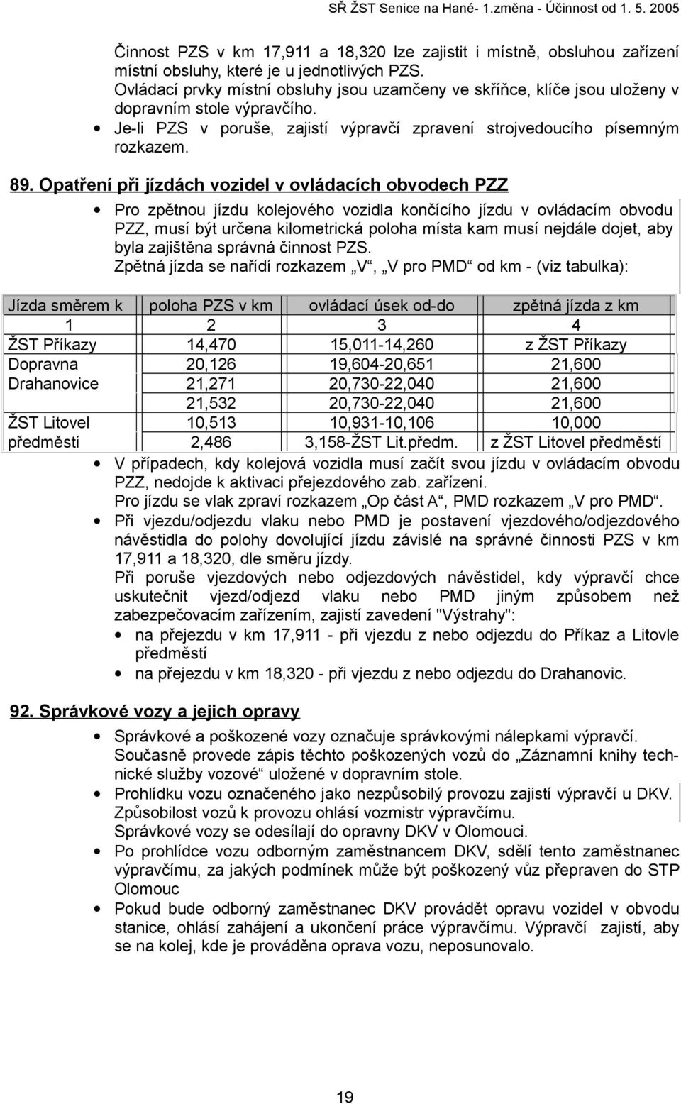 Opatření při jízdách vozidel v ovládacích obvodech PZZ Pro zpětnou jízdu kolejového vozidla končícího jízdu v ovládacím obvodu PZZ, musí být určena kilometrická poloha místa kam musí nejdále dojet,