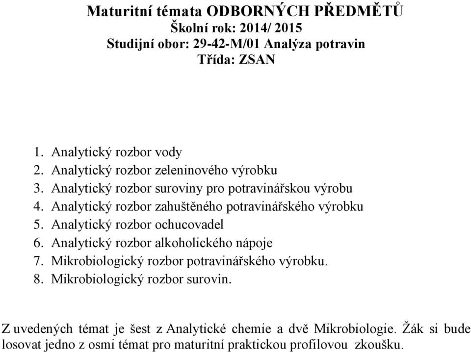 Analytický rozbor ochucovadel 6. Analytický rozbor alkoholického nápoje 7. Mikrobiologický rozbor potravinářského výrobku. 8.