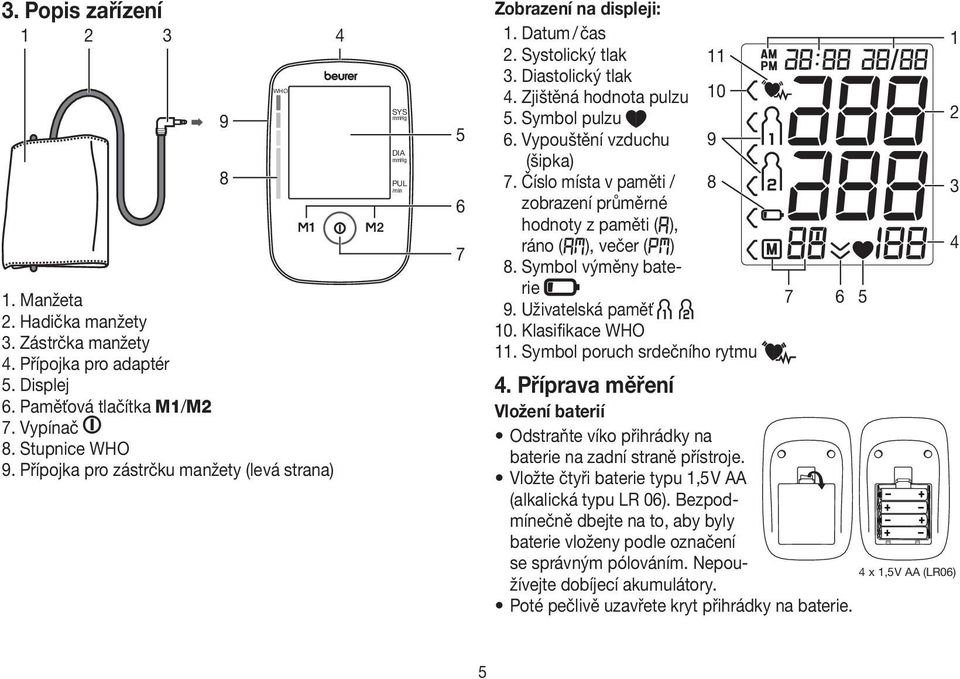 Symbol pulzu 6. Vypouštění vzduchu 9 (šipka) 7. Číslo místa v paměti / 8 zobrazení průměrné hodnoty z paměti ( ), ráno ( ), večer ( ) 8. Symbol výměny baterie 9. Uživatelská paměť 10.