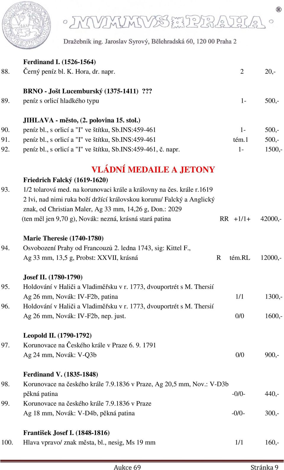 1-1500,- VLÁDNÍ MEDAILE A JETONY Friedrich Falcký (1619-1620) 93. 1/2 tolarová med. na korunovaci krále a královny na čes. krále r.