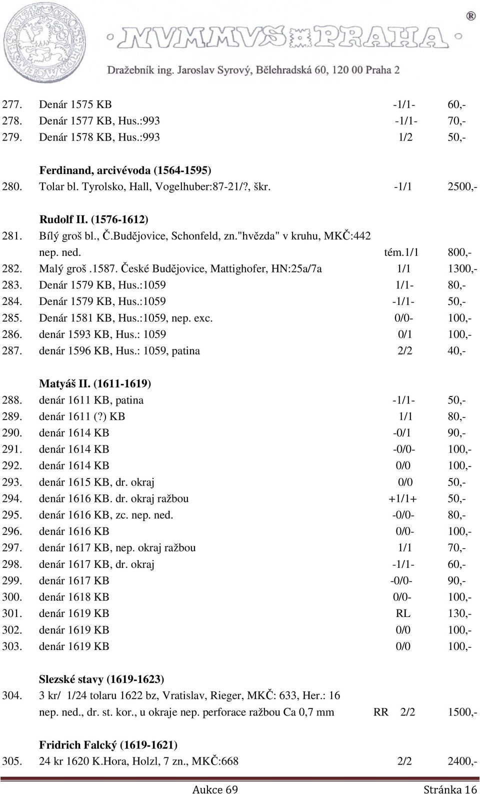 České Budějovice, Mattighofer, HN:25a/7a 1/1 1300,- 283. Denár 1579 KB, Hus.:1059 1/1-80,- 284. Denár 1579 KB, Hus.:1059-1/1-50,- 285. Denár 1581 KB, Hus.:1059, nep. exc. 0/0-100,- 286.