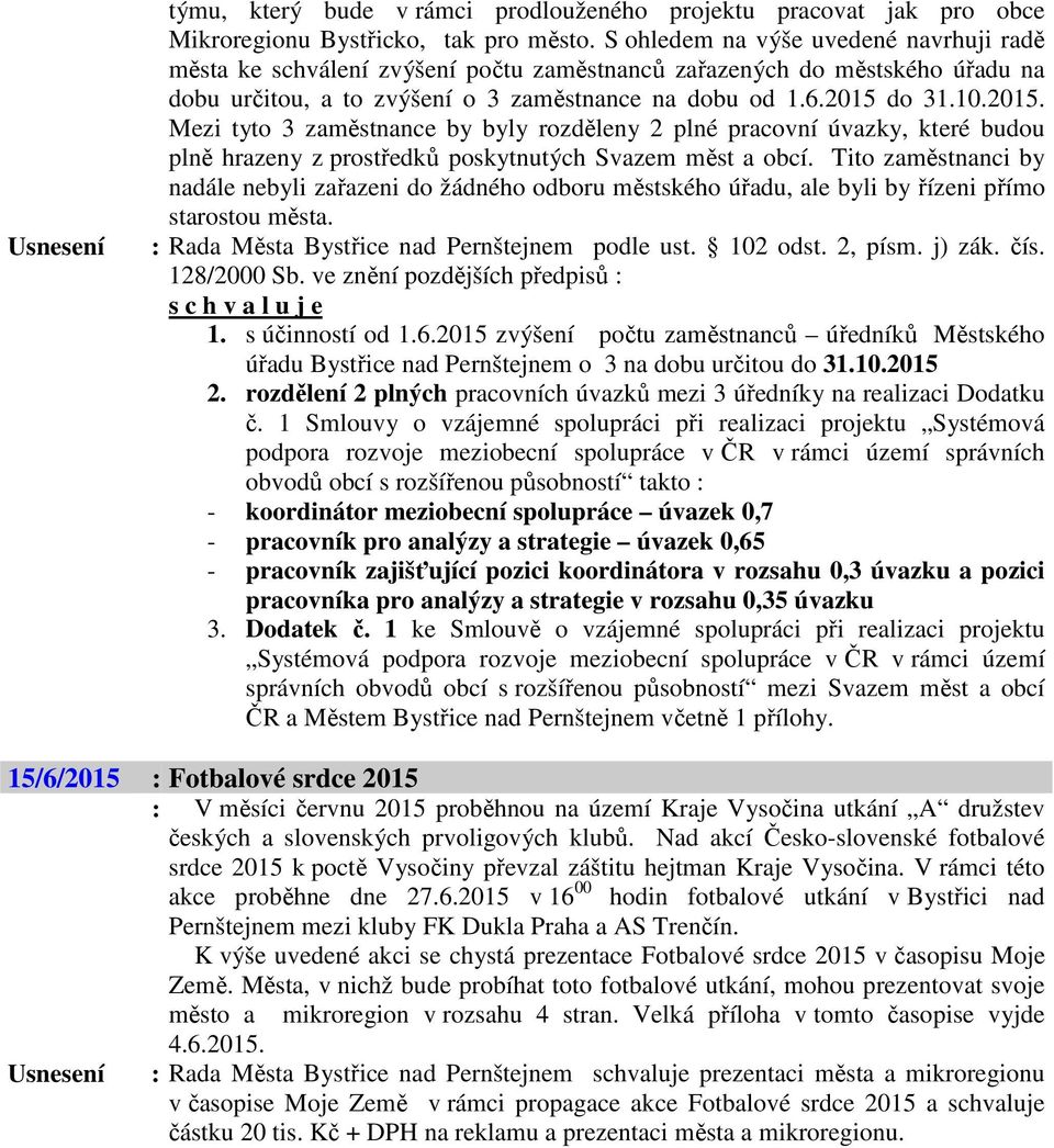 do 31.10.2015. Mezi tyto 3 zaměstnance by byly rozděleny 2 plné pracovní úvazky, které budou plně hrazeny z prostředků poskytnutých Svazem měst a obcí.