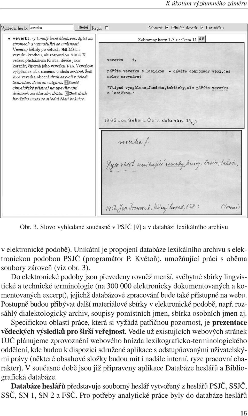 Do elektronické podoby jsou převedeny rovněž menší, svébytné sbírky lingvistické a technické terminologie (na 300 000 elektronicky dokumentovaných a komentovaných excerpt), jejichž databázové