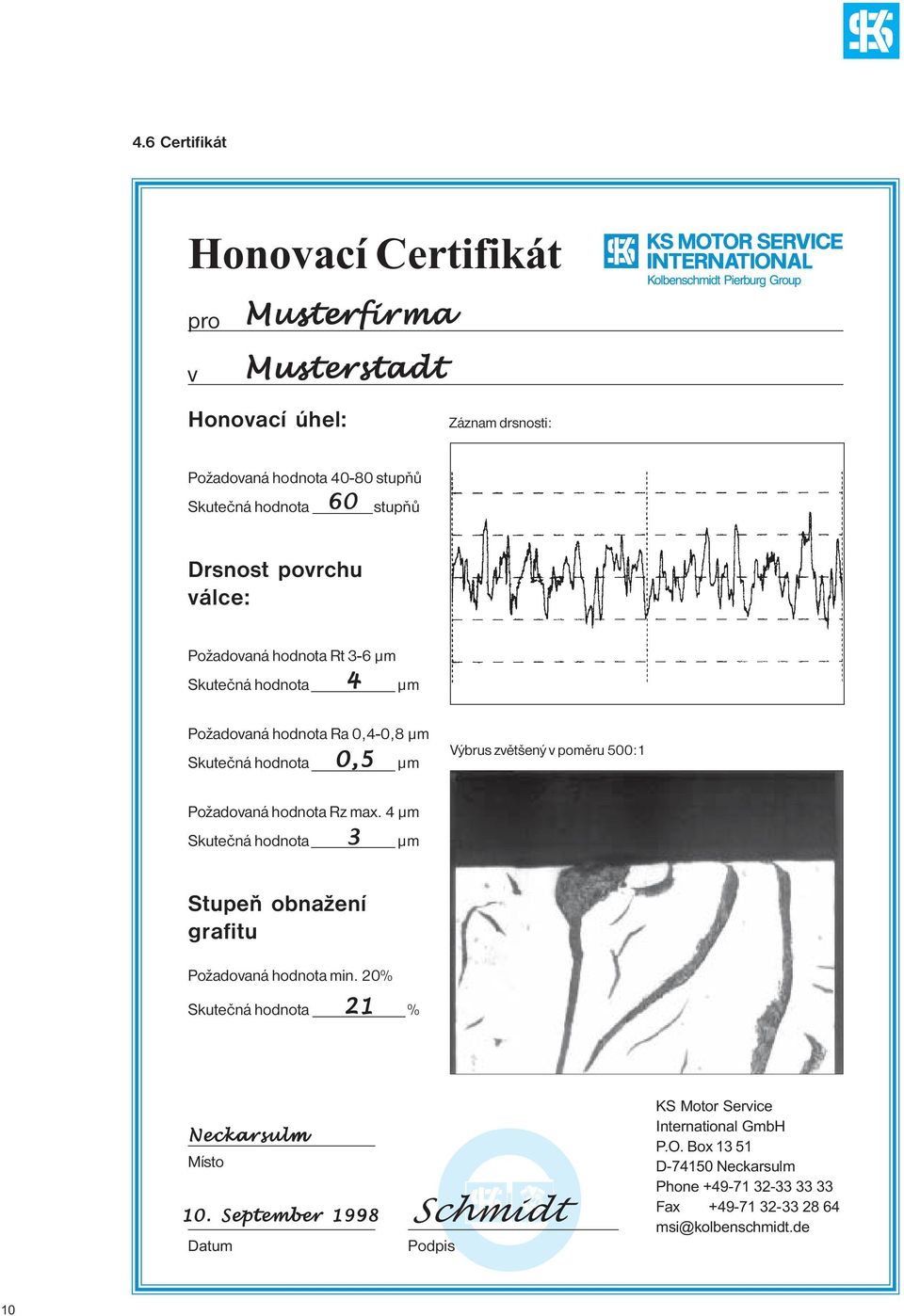 Požadovaná hodnota Rz max. 4 µm Skutečná hodnota 3 µm Stupeň obnažení grafitu Požadovaná hodnota min. 20% 21 Skutečná hodnota nn % Neckarsulm Místo 10.