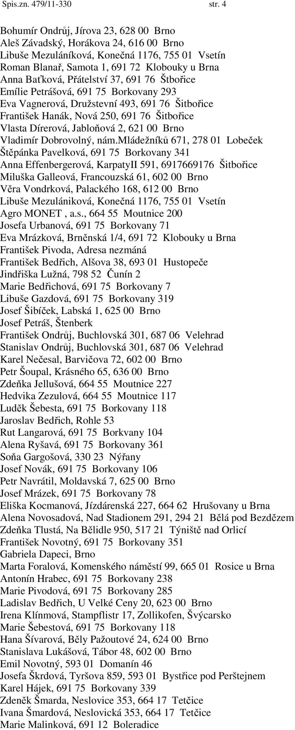 Přátelství 37, 691 76 Štbořice Emílie Petrášová, 691 75 Borkovany 293 Eva Vagnerová, Družstevní 493, 691 76 Šitbořice František Hanák, Nová 250, 691 76 Šitbořice Vlasta Dírerová, Jabloňová 2, 621 00