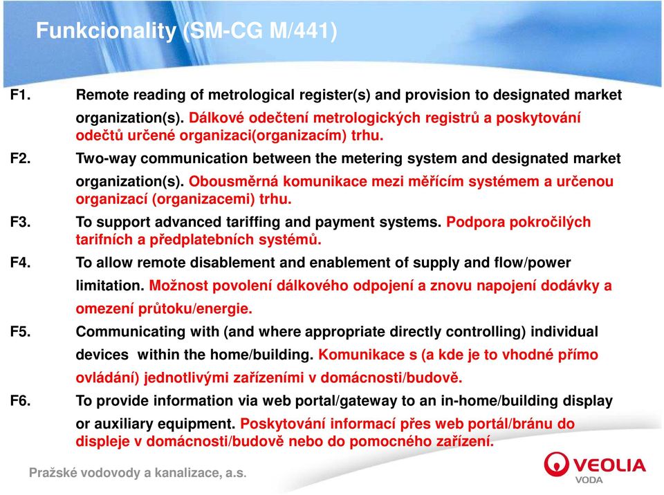 Obousměrná komunikace mezi měřícím systémem a určenou organizací (organizacemi) trhu. F3. To support advanced tariffing and payment systems. Podpora pokročilých tarifních a předplatebních systémů. F4.