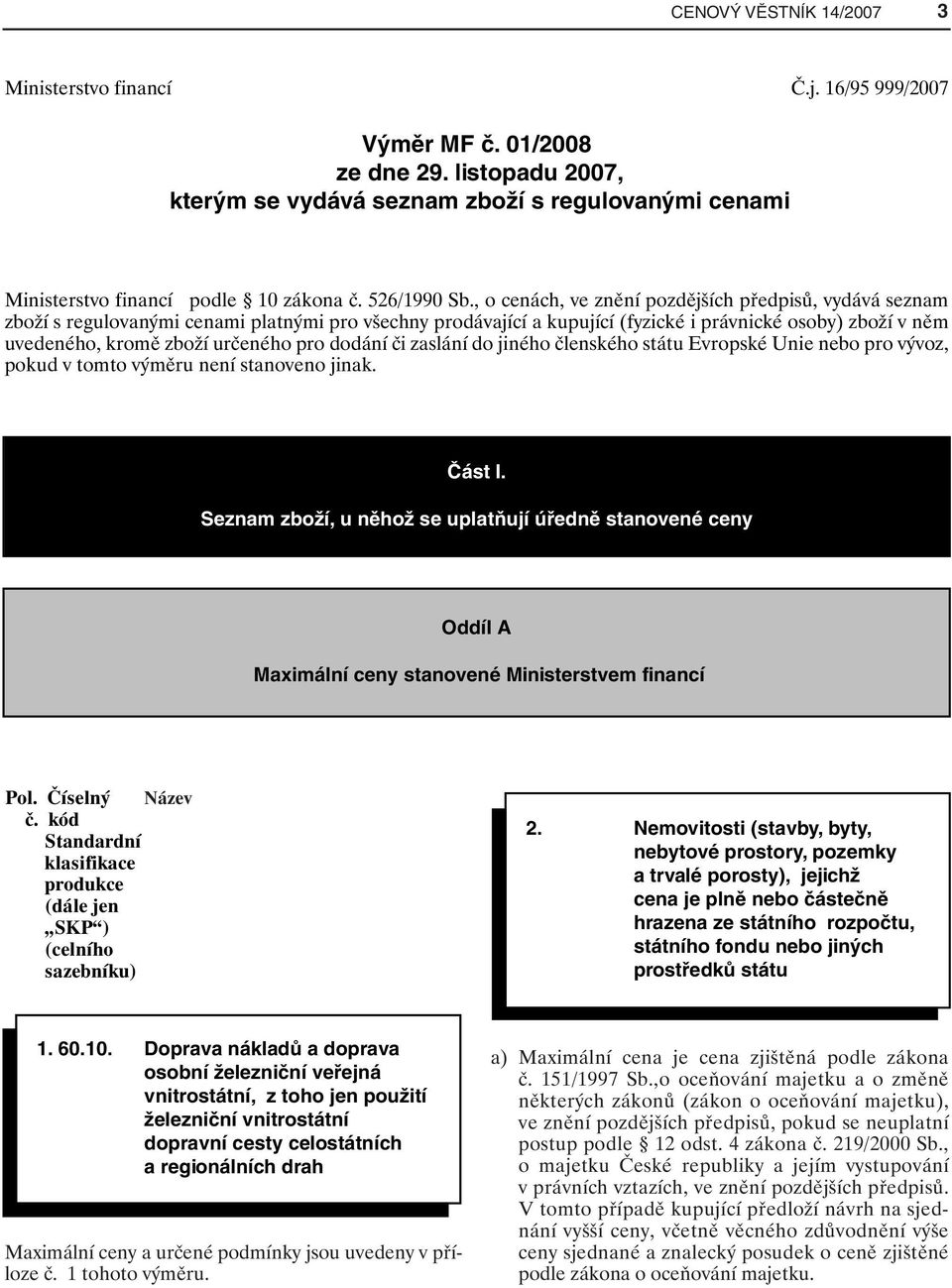 , o cenách, ve znění pozdějších předpisů, vydává seznam zboží s regulovanými cenami platnými pro všechny prodávající a kupující (fyzické i právnické osoby) zboží v něm uvedeného, kromě zboží určeného