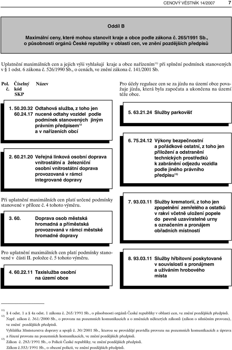 odst. 6 zákona č. 526/1990 Sb., o cenách, ve znění zákona č. 141/2001 Sb. Pol. Číselný č.