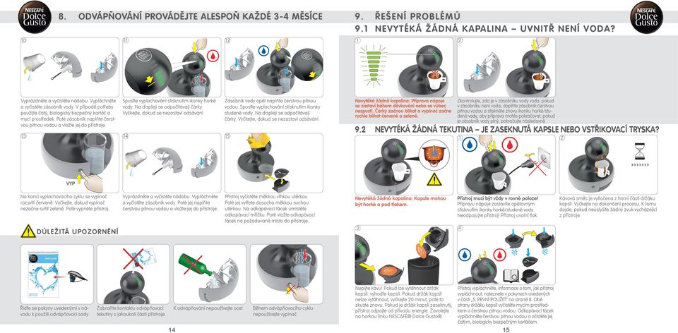 Spusťte vyplachování stisknutím ikonky horké vody. Na displeji se odpočítávají čárky. Vyčkejte, dokud se nezastaví odsávání. Zásobník vody opět naplňte čerstvou pitnou vodou.