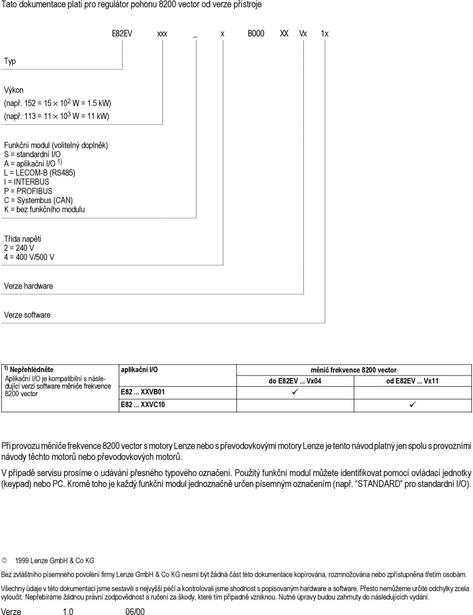 = 240 V 4 = 400 V/500 V Verze hardware Verze software 1) Nepřehlédněte aplikační I/O měnič frekvence 8200 vector Aplikační I/O je kompatibilní s násle- do E82EV... Vx04 od E82EV.