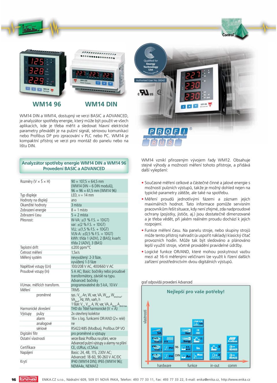 Analyzátor spotřeby ergie WM14 DIN a WM14 96 Provedení BASIC a ADVANCED 90 107,5 64,5 mm (WM14 DIN 6 DIN modulů), 96 96 61,5 mm (WM14 96) Typ displeje LED, v = 14 mm Hodnoty na displeji ano 3 místa