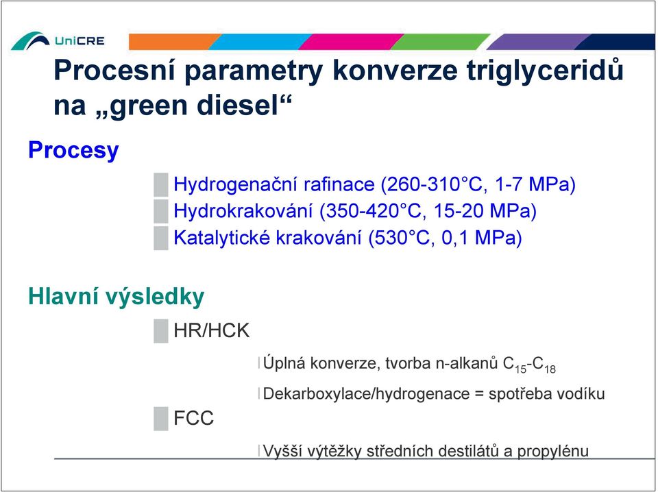 C, 0,1 MPa) Hlavní výsledky HR/HCK l Úplná konverze, tvorba n-alkanů C15-C18 l