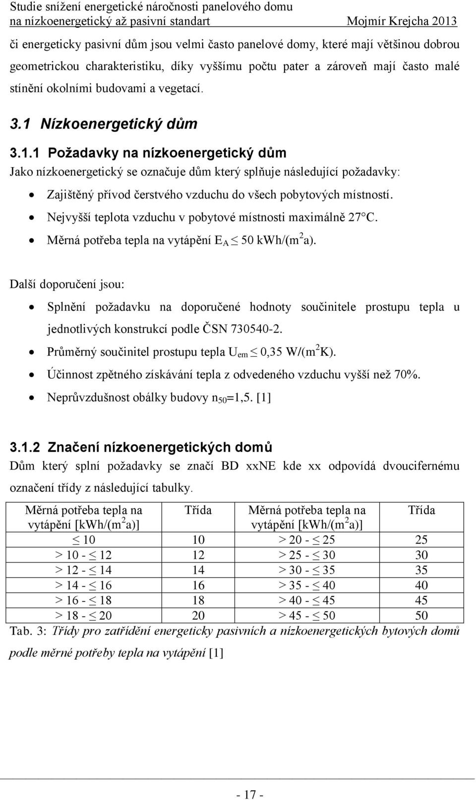 Nejvyšší teplota vzduchu v pobytové místnosti maximálně 27 C. Měrná potřeba tepla na vytápění E A 50 kwh/(m 2 a).