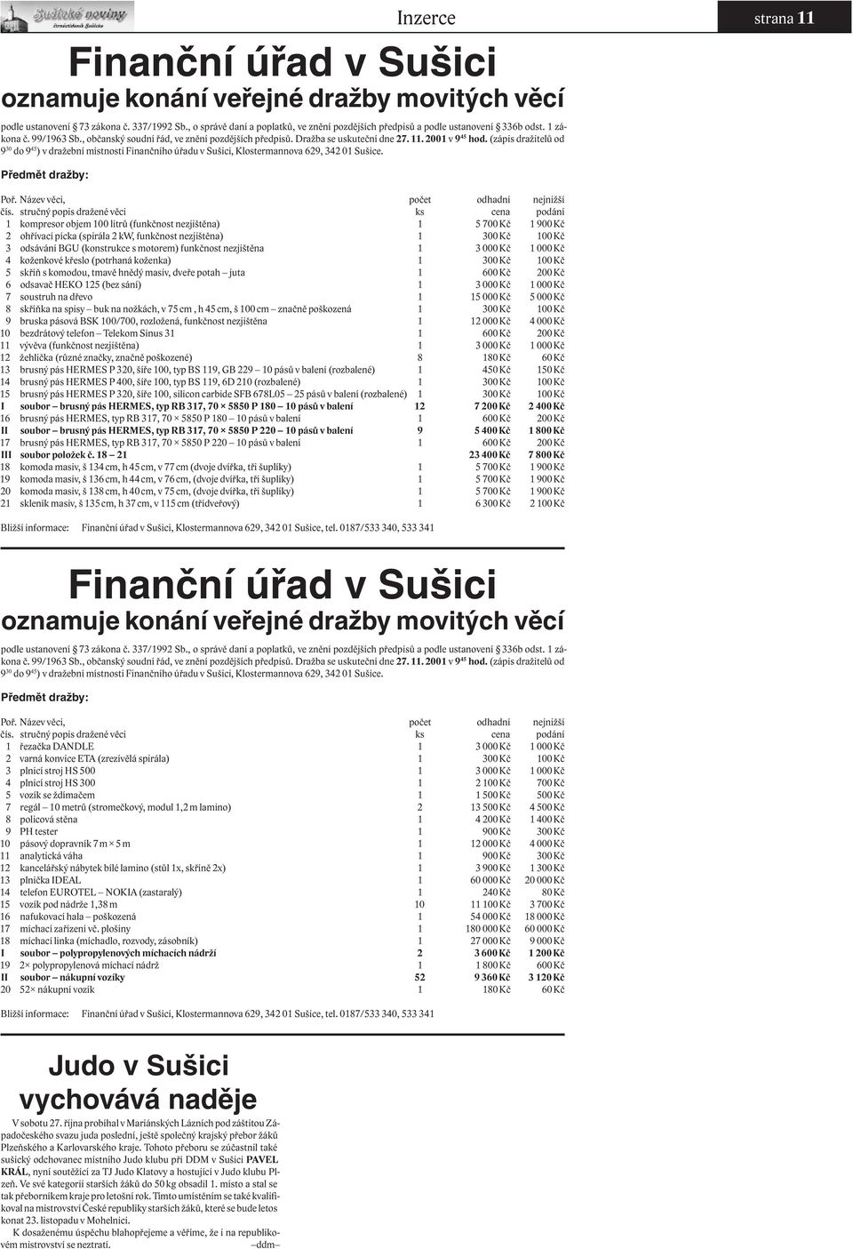 2001 v 9 45 hod. (zápis dražitelů od 9 30 do 9 45 ) v dražební místnosti Finančního úřadu v Sušici, Klostermannova 629, 342 01 Sušice. strana 11 Předmět dražby: Poř.