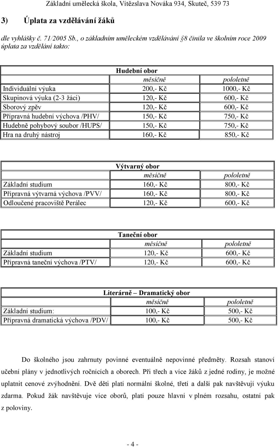 600,- Kč Sborový zpěv 120,- Kč 600,- Kč Přípravná hudební výchova /PHV/ 150,- Kč 750,- Kč Hudebně pohybový soubor /HUPS/ 150,- Kč 750,- Kč Hra na druhý nástroj 160,- Kč 850,- Kč Výtvarný obor měsíčně