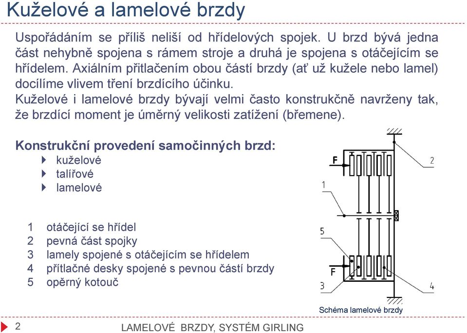 Axiálním přitlačením obou částí brzdy (ať už kužele nebo lamel) docílíme vlivem tření brzdícího účinku.