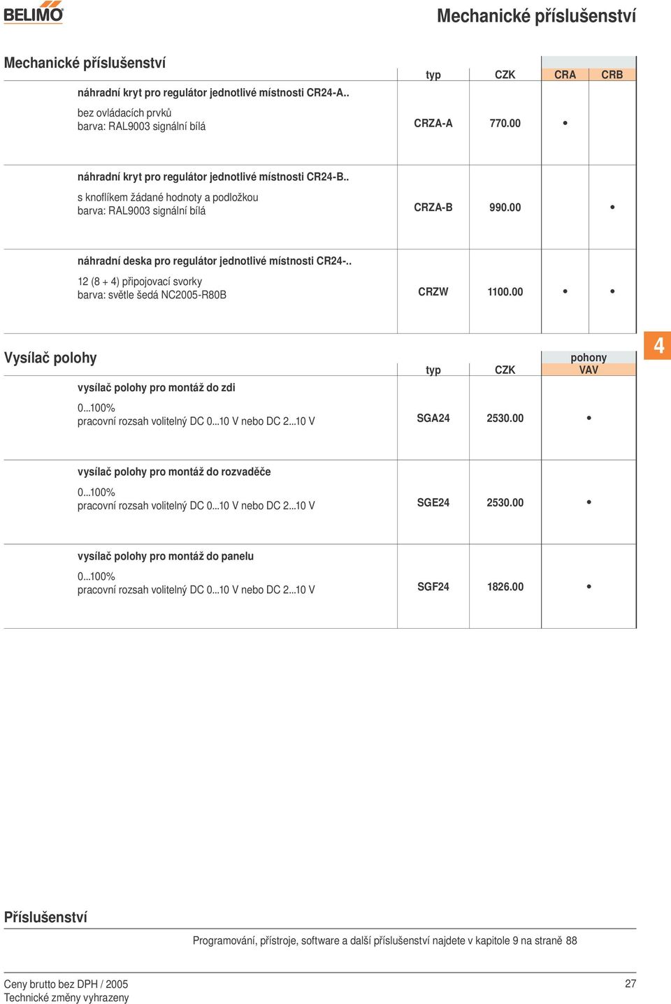 . 12 (8 + 4) připojovací svorky barva: světle šedá NC2005-R80B CRZW 1100.00 Vysílač polohy pohony typ CZK VAV vysílač polohy pro montáž do zdi pracovní rozsah volitelný DC 0...10 V nebo DC 2.