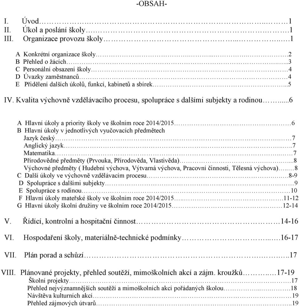 ..6 A Hlavní úkoly a priority školy ve školním roce 2014/2015 6 B Hlavní úkoly v jednotlivých vyučovacích předmětech Jazyk český. 7 Anglický jazyk....7 Matematika.