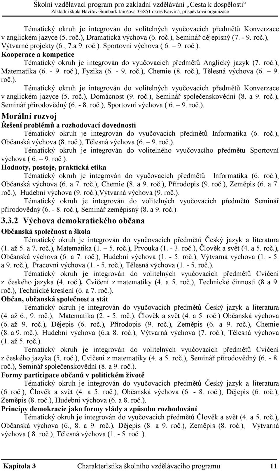 roč.), Tělesná výchova (6. 9. roč.). Tématický okruh je integrován do volitelných vyučovacích předmětů Konverzace v anglickém jazyce (5. roč.), Domácnost (9. roč.), Seminář společenskovědní (8. a 9.