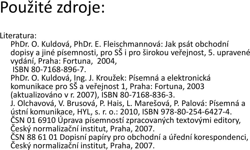 Kroužek: Písemná a elektronická komunikace pro SŠ a veřejnost 1, Praha: Fortuna, 2003 (aktualizováno v r. 2007), ISBN 80-7168-836-3. J. Olchavová, V. Brusová, P. Hais, L.