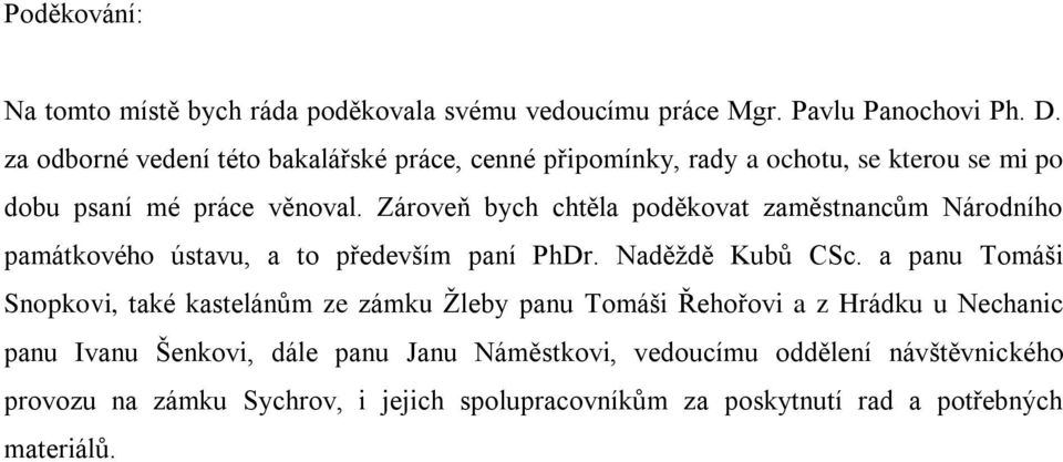 Zároveň bych chtěla poděkovat zaměstnancům Národního památkového ústavu, a to především paní PhDr. Naděţdě Kubů CSc.