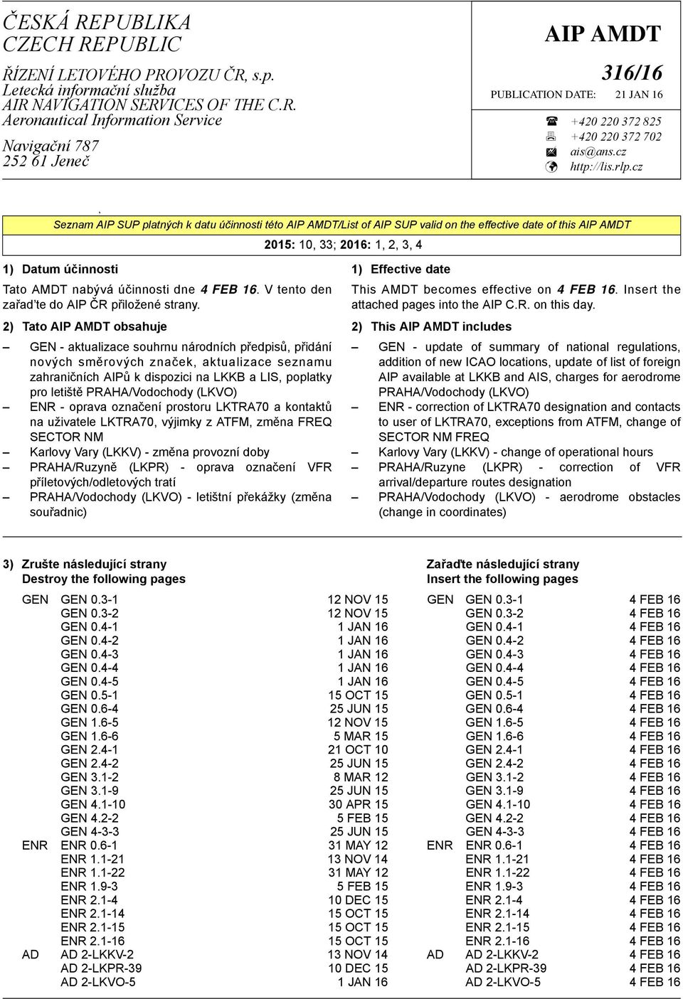 cz, Seznam AIP SUP platných k datu účinnosti této AIP AMDT/List of AIP SUP valid on the effective date of this AIP AMDT 2015: 10, 33; 2016: 1, 2, 3, 4 1) Datum účinnosti Tato AMDT nabývá účinnosti