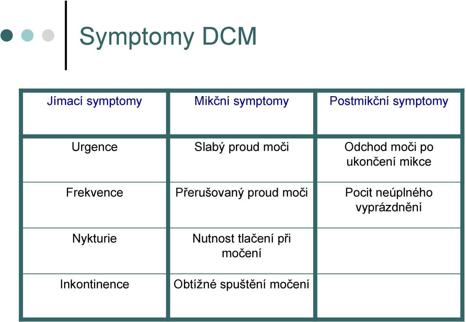 Frekvence Přerušovaný proud moči Pocit neúplného vyprázdnění