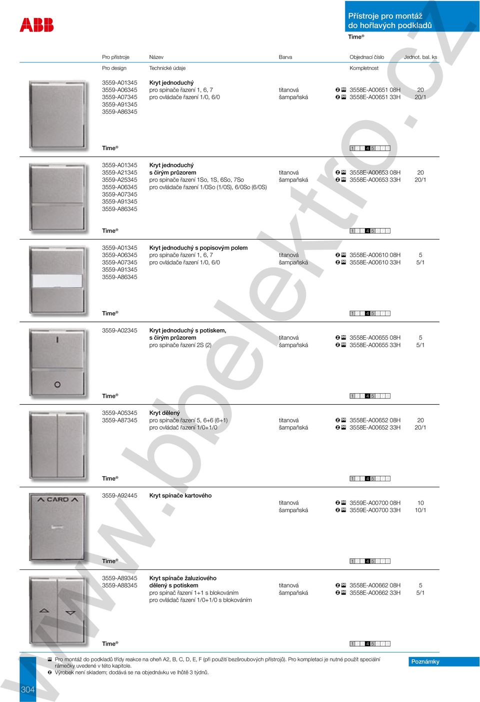 Přístroje pro montáž 3559-A01345 Kryt jednoduchý 3559-A06345 pro spínače řazení 1, 6, 7 titanová 3558E-A00651 08H 20 3559-A07345 pro ovládače řazení 1/0, 6/0 šampaňská 3558E-A00651 33H 20/1