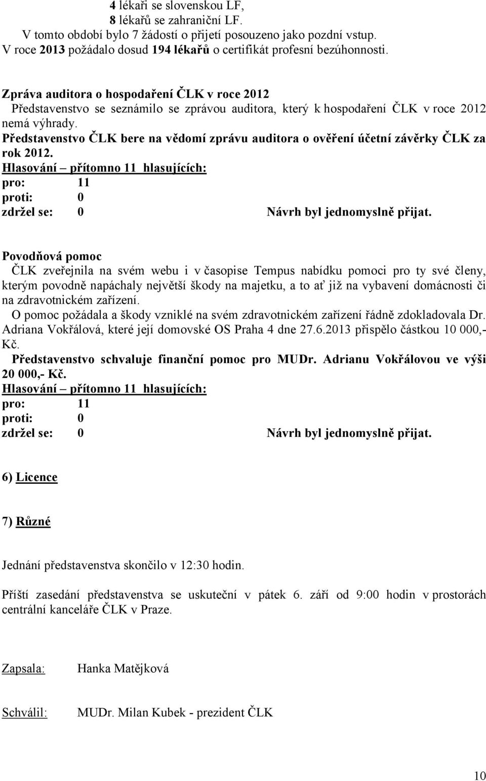 Představenstvo ČLK bere na vědomí zprávu auditora o ověření účetní závěrky ČLK za rok 2012. pro: 11 proti: 0 zdržel se: 0 Návrh byl jednomyslně přijat.