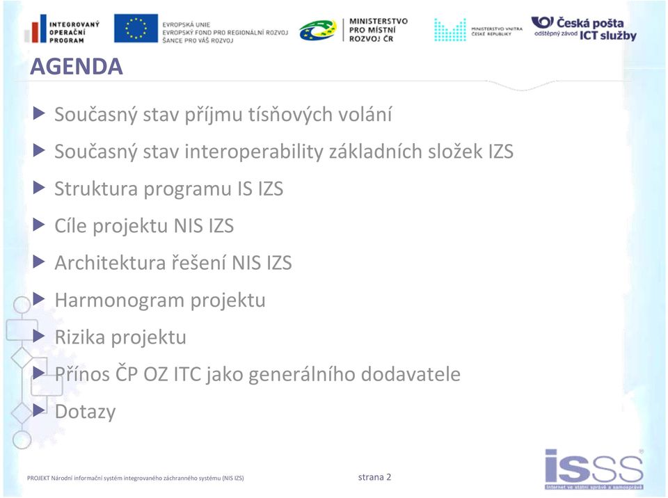 Harmonogram projektu Rizika projektu Přínos ČP OZ ITC jako generálního dodavatele