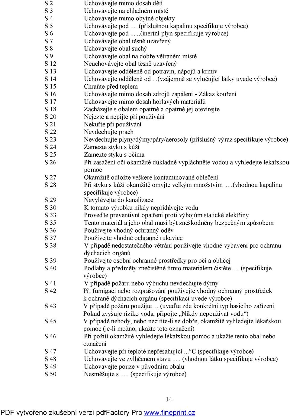 ..(inertní plyn specifikuje výrobce) Uchovávejte obal těsně uzavřený Uchovávejte obal suchý Uchovávejte obal na dobře větraném místě Neuchovávejte obal těsně uzavřený Uchovávejte odděleně od