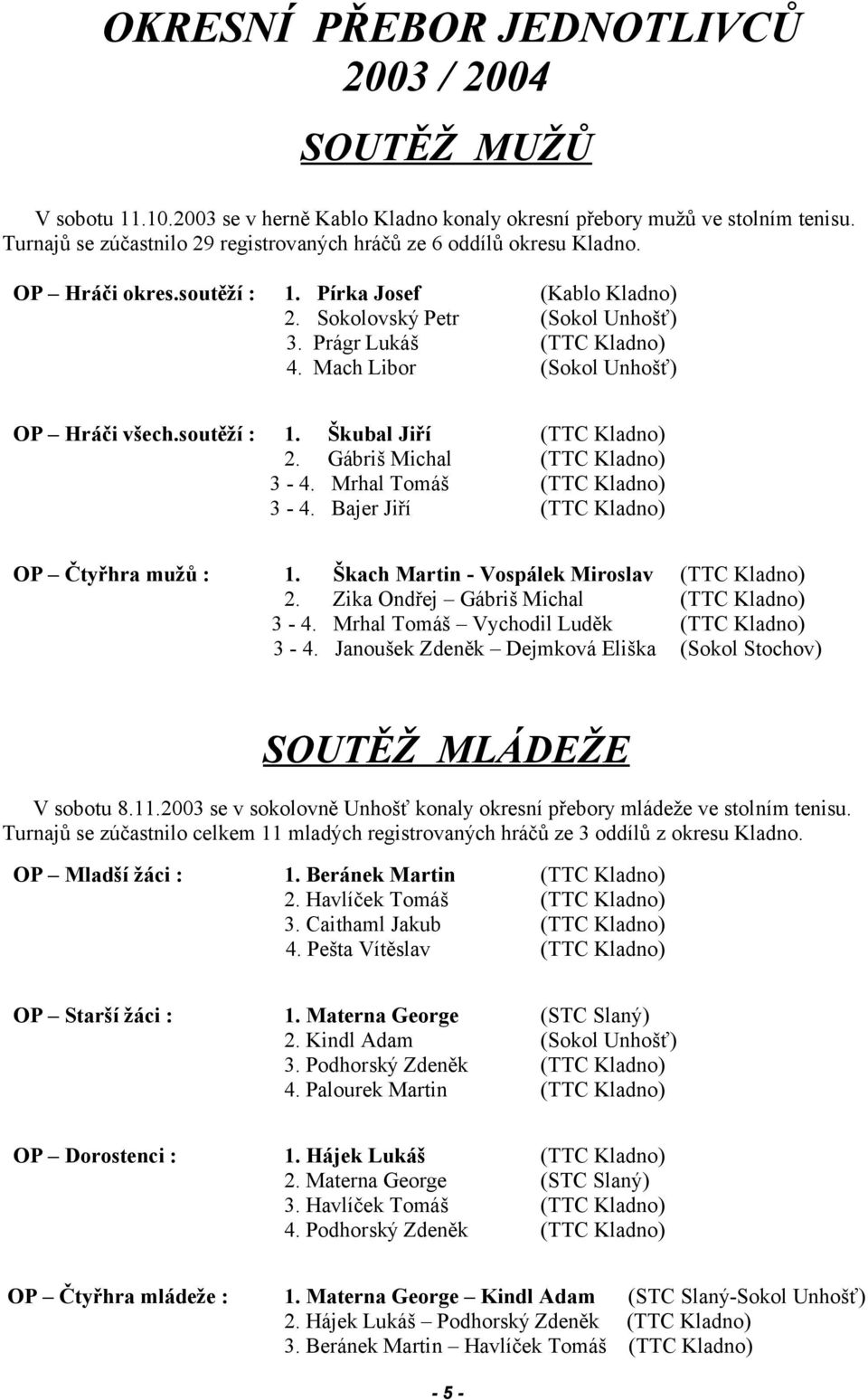 Mach Libor (Sokol Unhošť) OP Hráči všech.soutěží : 1. Škubal Jiří (TTC Kladno) 2. Gábriš Michal (TTC Kladno) 3-4. Mrhal Tomáš (TTC Kladno) 3-4. Bajer Jiří (TTC Kladno) OP Čtyřhra mužů : 1.