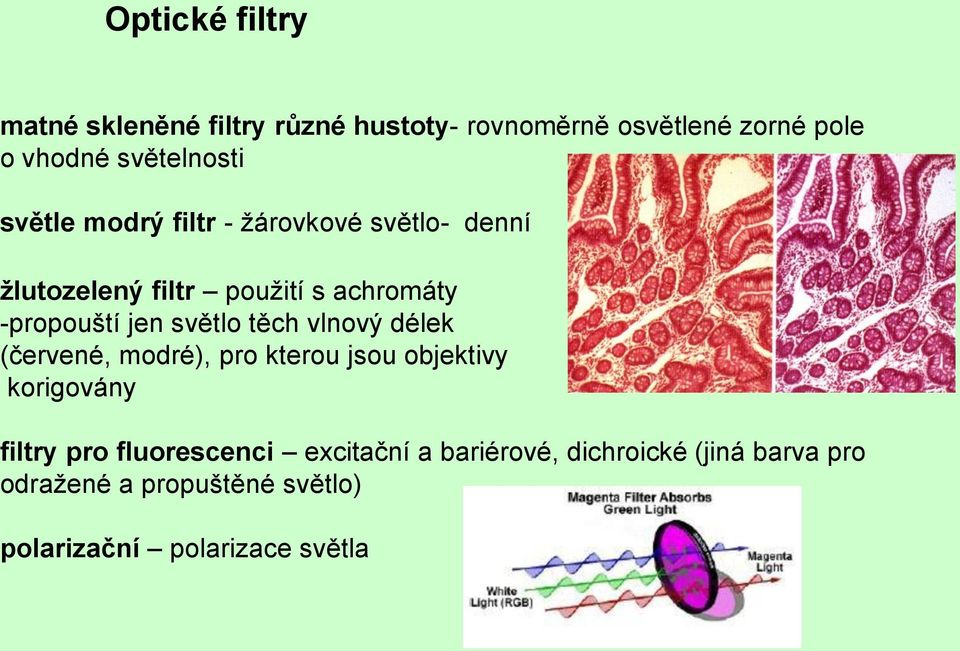 -propouští jen světlo těch vlnový délek (červené, modré), pro kterou jsou objektivy korigovány filtry