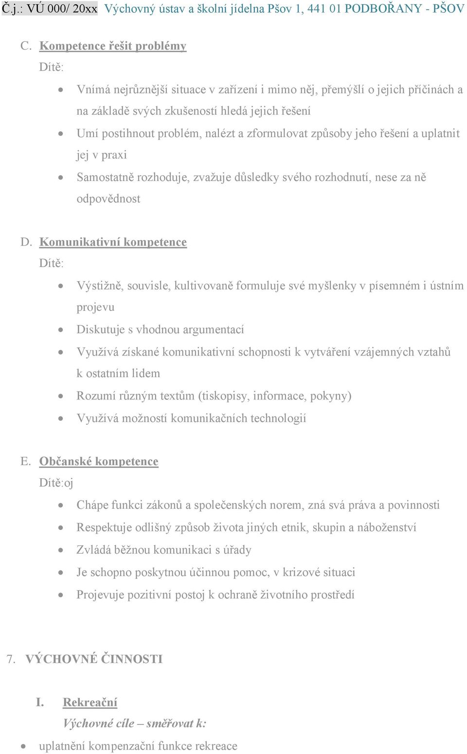 Komunikativní kompetence Dítě: Výstižně, souvisle, kultivovaně formuluje své myšlenky v písemném i ústním projevu Diskutuje s vhodnou argumentací Využívá získané komunikativní schopnosti k vytváření