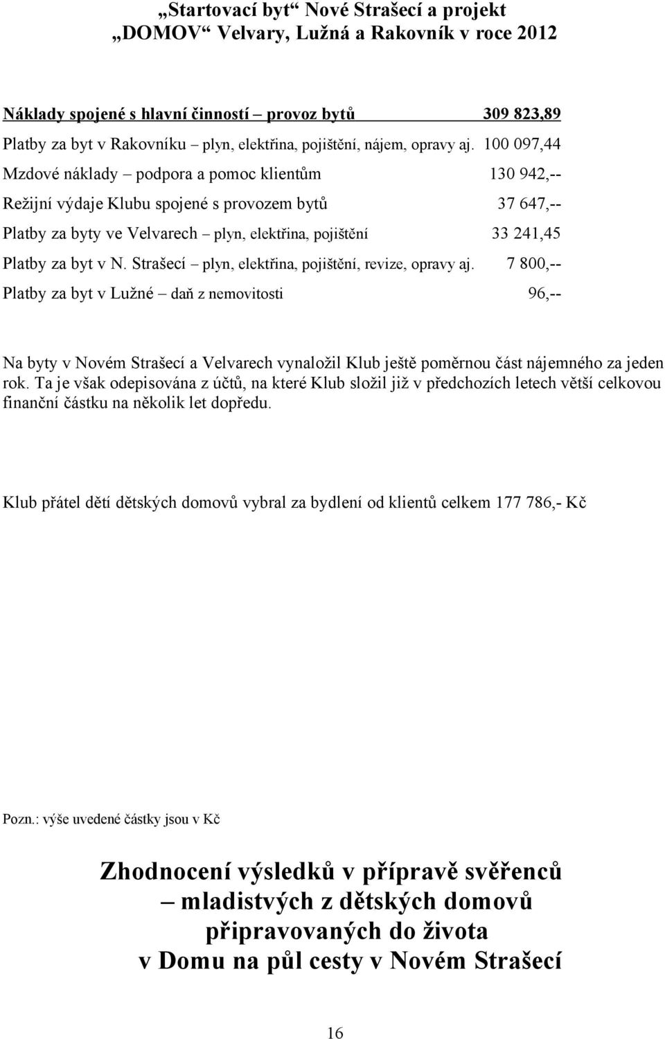 100 097,44 Mzdové náklady podpora a pomoc klientům 130 942,-- Režijní výdaje Klubu spojené s provozem bytů 37 647,-- Platby za byty ve Velvarech plyn, elektřina, pojištění Platby za byt v N.