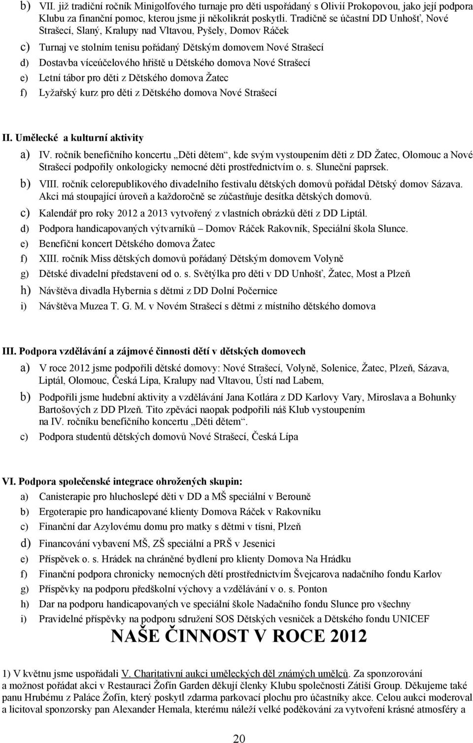 Dětského domova Nové Strašecí e) Letní tábor pro děti z Dětského domova Žatec f) Lyžařský kurz pro děti z Dětského domova Nové Strašecí II. Umělecké a kulturní aktivity a) IV.