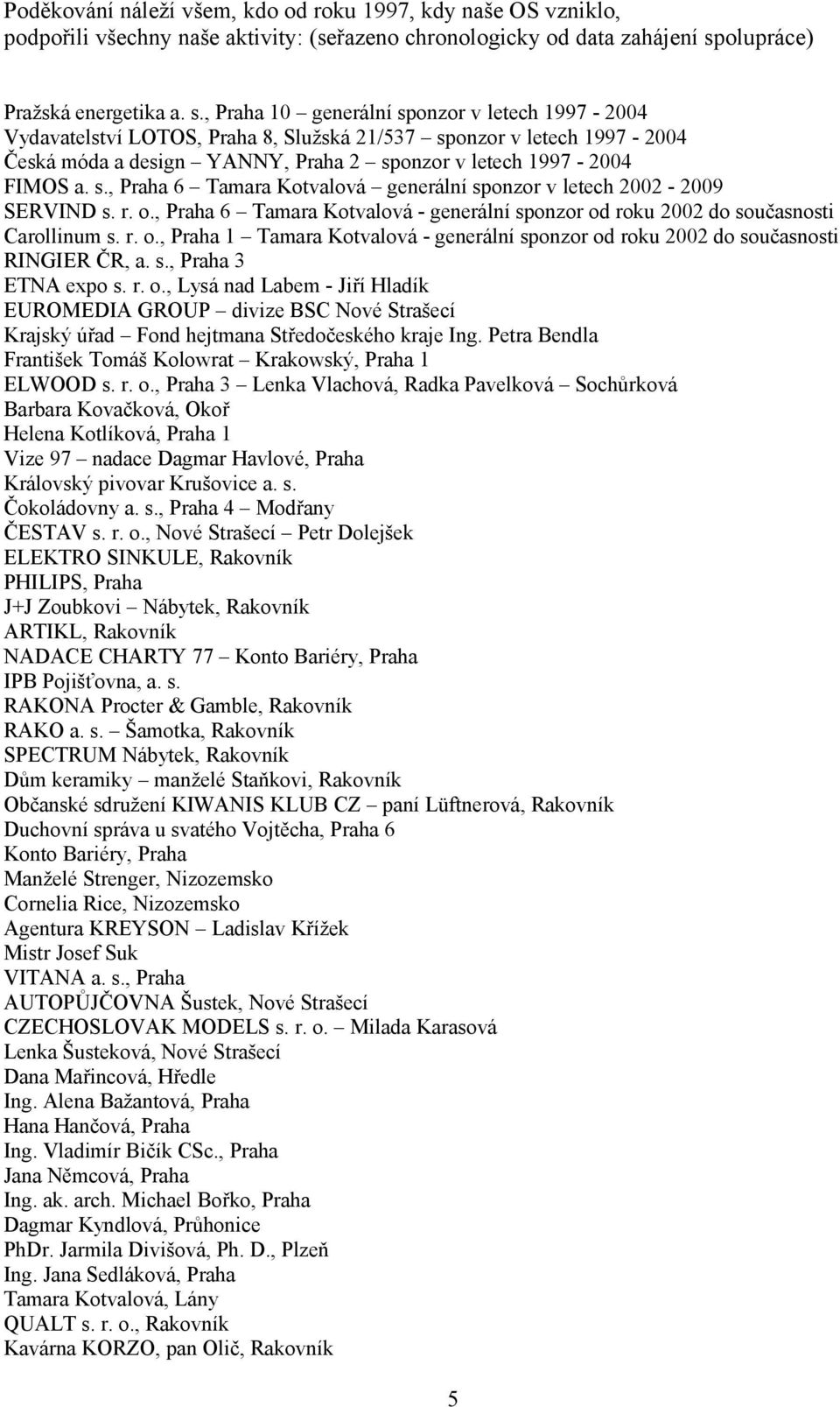 , Praha 10 generální sponzor v letech 1997-2004 Vydavatelství LOTOS, Praha 8, Služská 21/537 sponzor v letech 1997-2004 Česká móda a design YANNY, Praha 2 sponzor v letech 1997-2004 FIMOS a. s., Praha 6 Tamara Kotvalová generální sponzor v letech 2002-2009 SERVIND s.