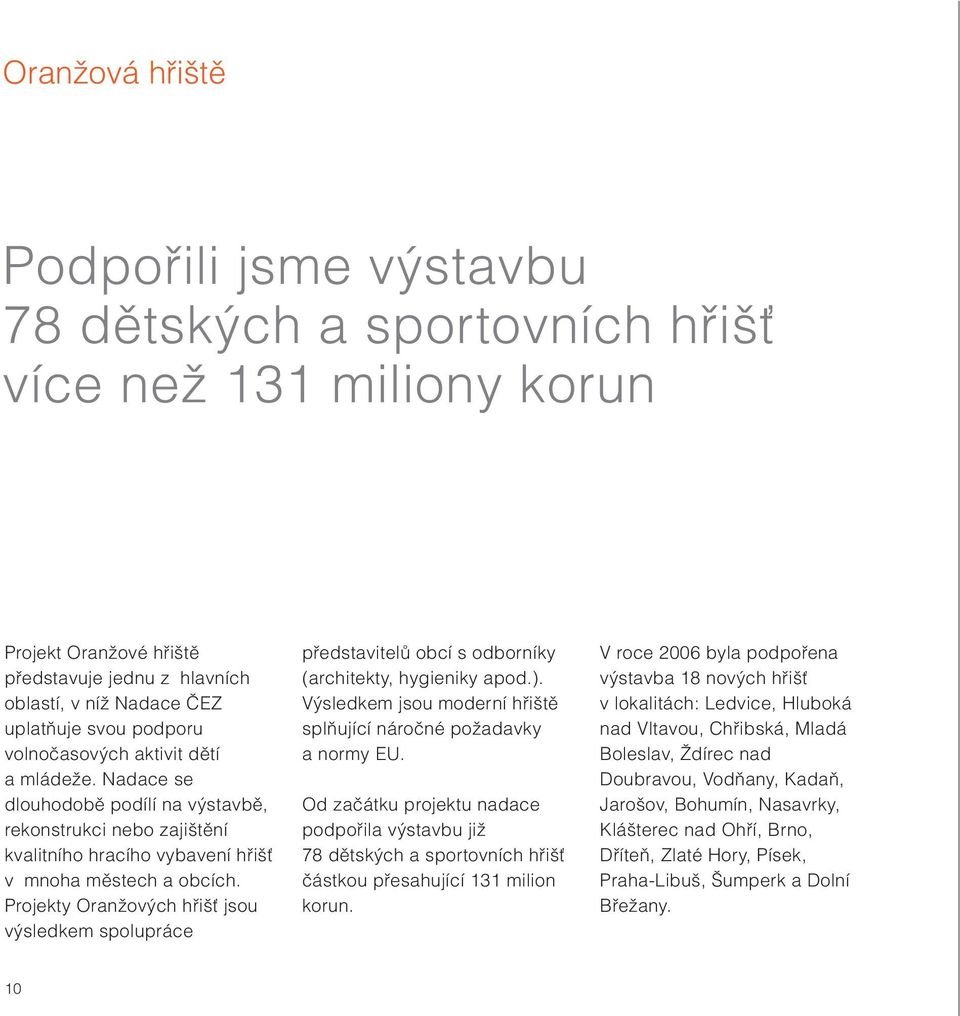 Projekty Oranžových hřišť jsou výsledkem spolupráce představitelů obcí s odborníky (architekty, hygieniky apod.). Výsledkem jsou moderní hřiště splňující náročné požadavky a normy EU.