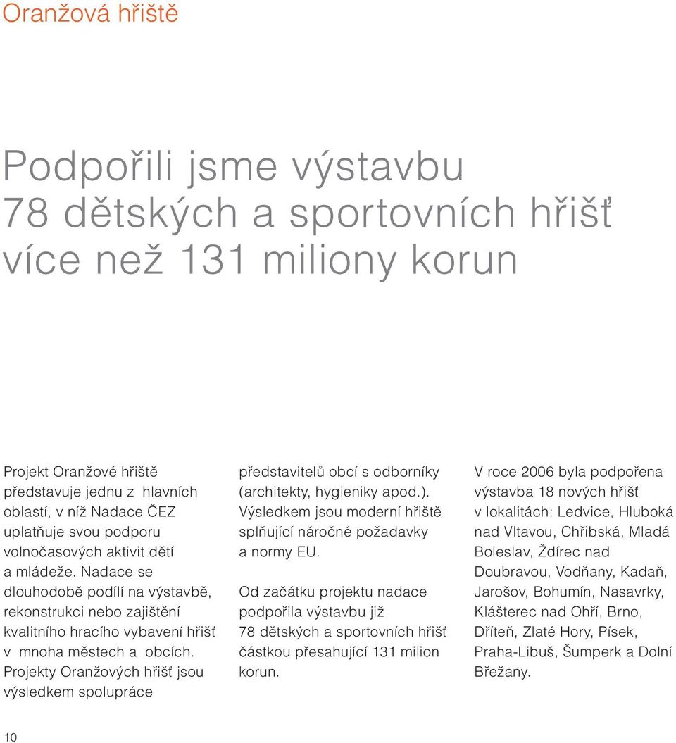 Projekty Oranžových hřišť jsou výsledkem spolupráce představitelů obcí s odborníky (architekty, hygieniky apod.). Výsledkem jsou moderní hřiště splňující náročné požadavky a normy EU.